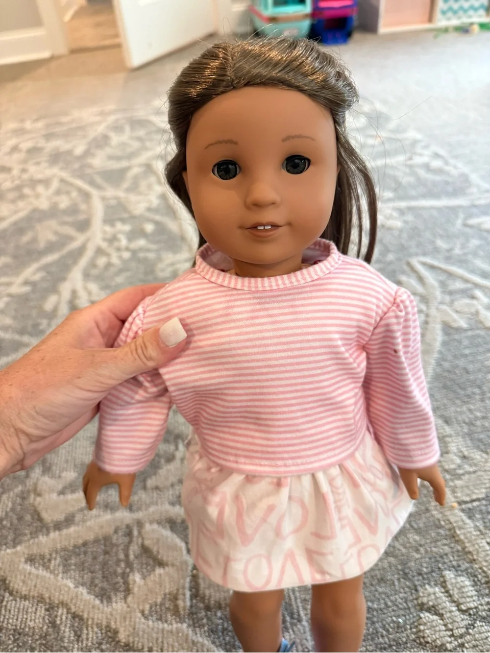American Girl Pink Striped Top with Pale Pink Lettered Skirt and Pink Shoes